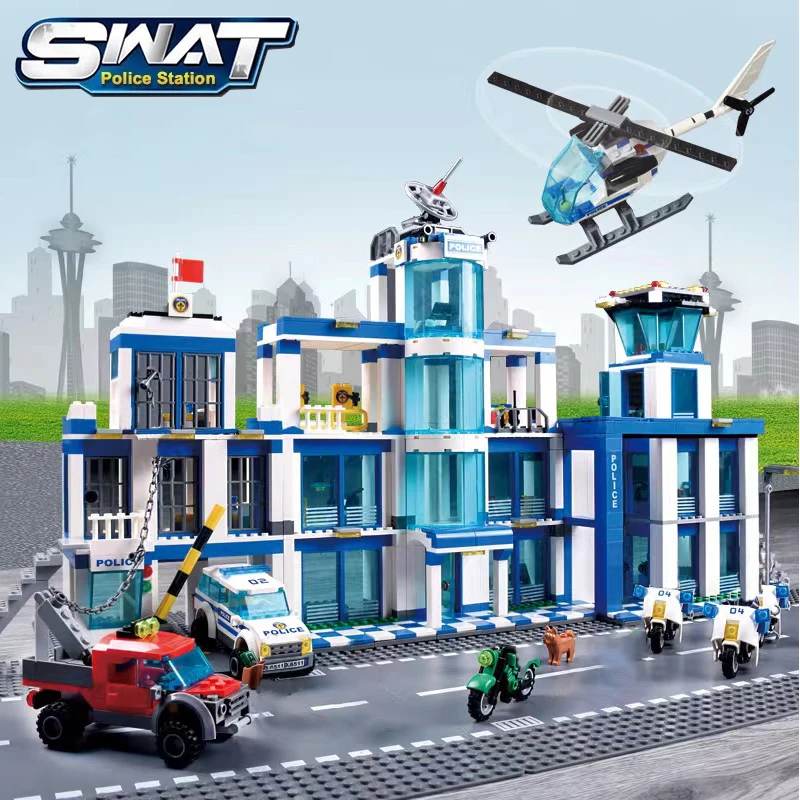 Street View City Police Station Building Blocks Military Helicopter Car SWAT Prison Bricks Model Toys For Kid Birthday Gift MOC