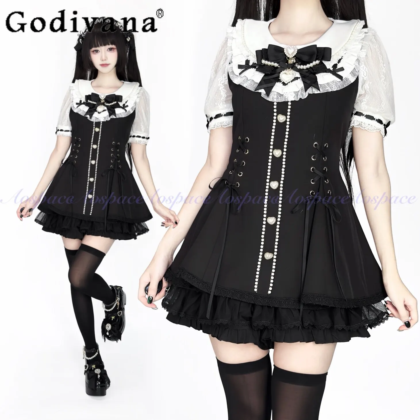 

Spring Summer New Original Japanese Dresses Set Cute Bow Tie Lace Pearl Slim-fit Short-sleeve Top Shorts Lolita 2piece Set