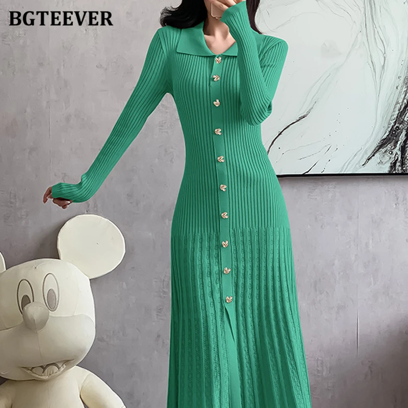 เดรสไหมพรมทรงเข้ารูปสำหรับผู้หญิง แบรนด์ BGTEEVER ดีไซน์หรูหรา กระดุมแถวเดียว ความยาวปานกลาง คลุมสะโพก เหมาะสำหรับฤดูใบไม้ร่วงและฤดูหนาว ปกเสื้อแบบปกเชิ้ต แขนยาว