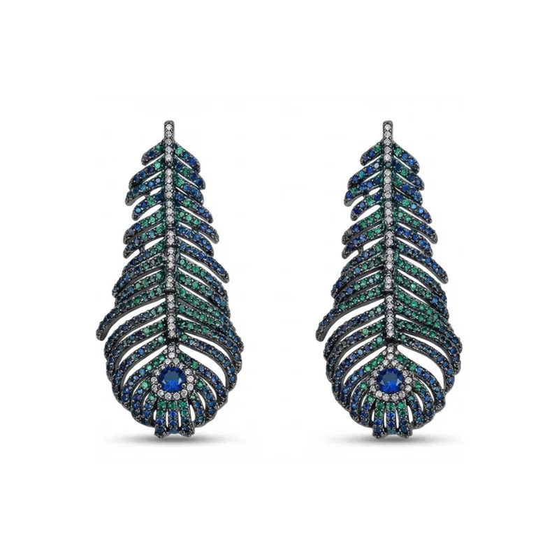 

Peacock Feather Earrings 316L Stainless Steel Cubic Zirconia Hypoallergenic Tarnish Free Statement Jewelry For Women Murmur