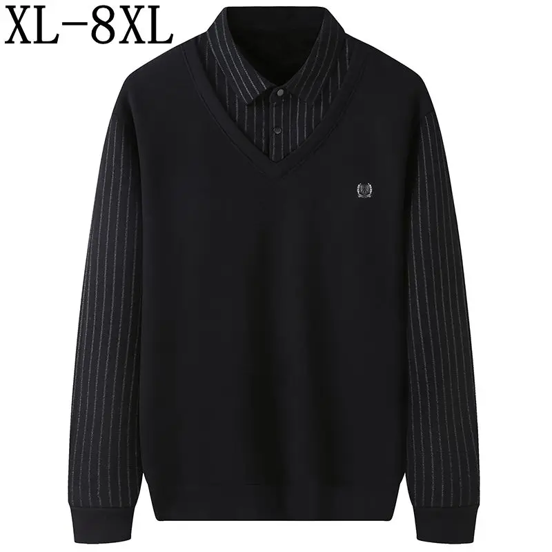 8XL 7XL 6XL 2023 New Fall Winter High End Fake Two Piece T shirt For Men Soft Warm Plus Velvet Polo Shirt Men Casual Mens Shirts