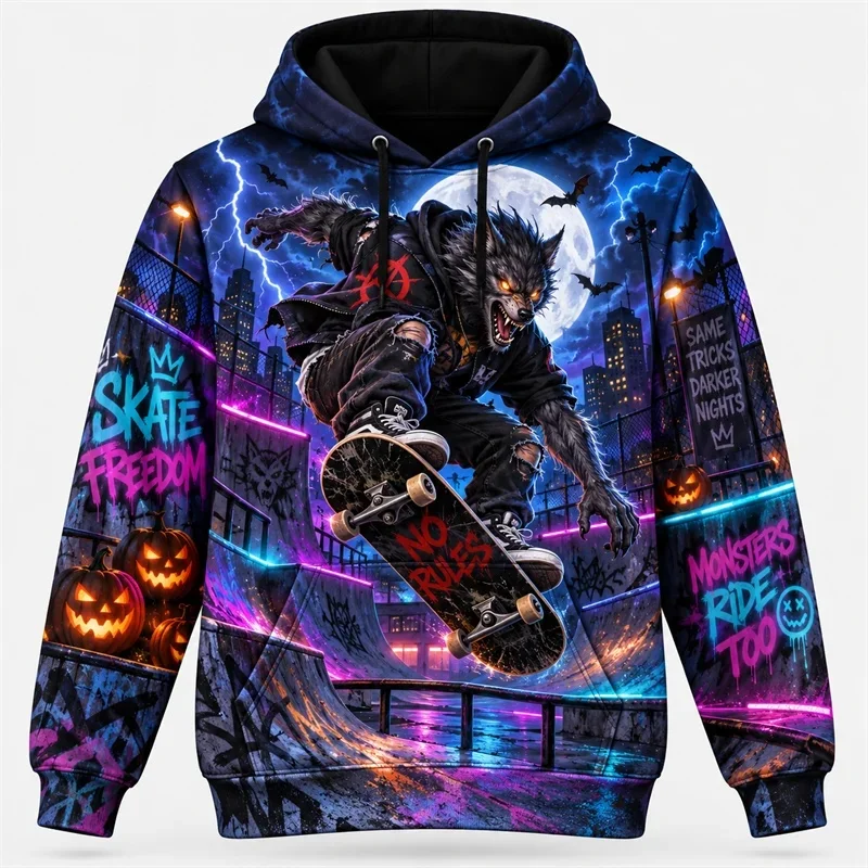 Halloween Hoodie 2026 Retro Graphic Pullover Haunted Adventure Gothic Night Streetwear Pumpkin Ghost Skeleton Moon Forest Unisex