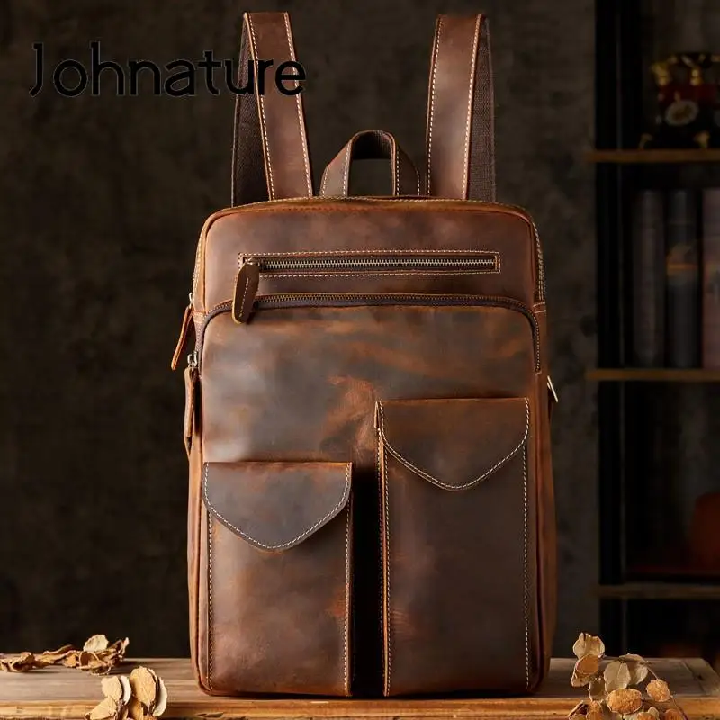 

Johnature 2024 New Crazy Horse Leather Backpack Men Bag Vintage Large Capacity Travel Bags Natural Real Cowhide Laptop Backpacks