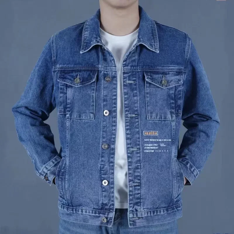 

Blue Waed Jeans Jaet Men's Loose Faion Large Size Printed Denim Coat Casual Urban Sle Long Sve Button up Jaet