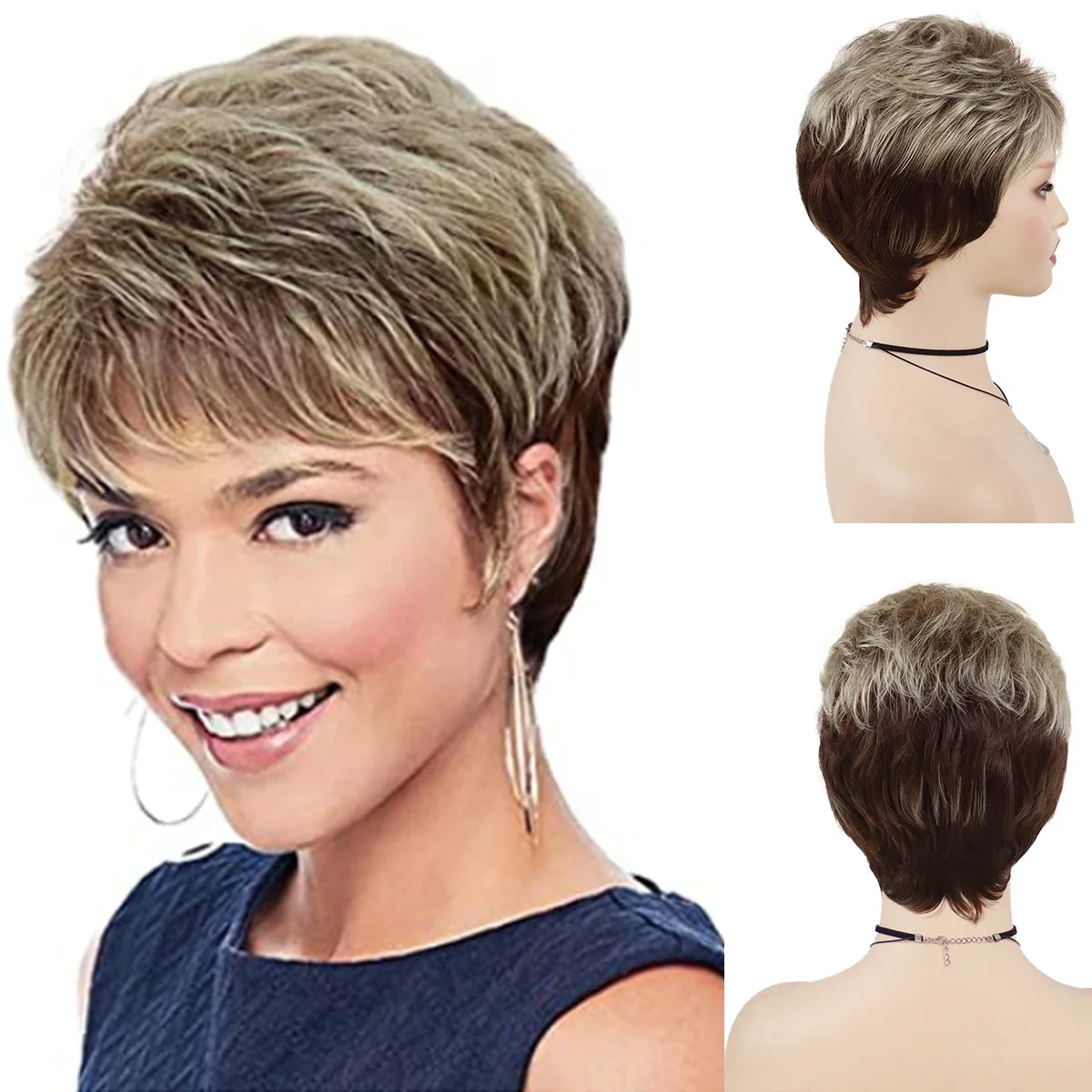 

GNIMEGIL Synthetic Hair Ombre Blonde Wig with Bangs Short Wigs for White Women Pixie Cut Wig Female Brown Roots Layered Wig