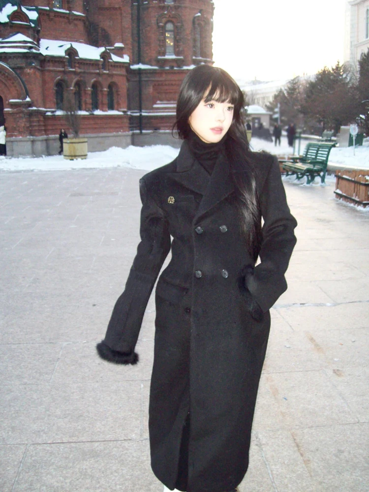 

Винтажное шерстяное пальто в стиле Хепберн для женщин, большие размеры, средней длины, с поясом на талии, роскошное, зимнее, в корейском стиле