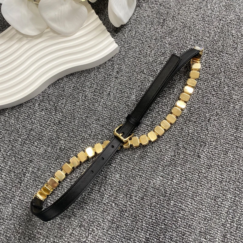 Heavy industry rhinestone inlaid pliers thin waist belt, high-end sensory head layer cowhide waist chain, thin 1.4cm belt