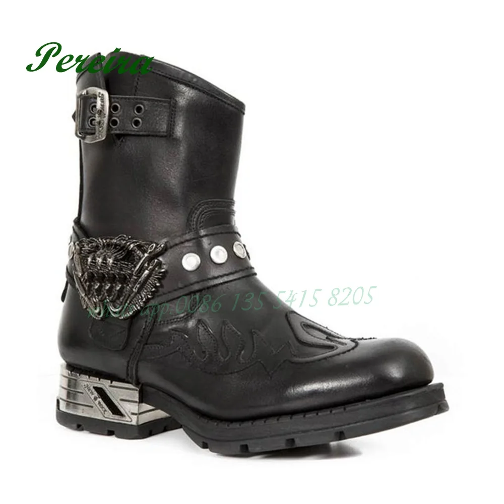 Männer Kurze Stiefel Motorrad Punk Schuhe Runde Kappe Schnalle Mitte Wade Stiefel Winter Casual Chelsea Stiefel Schwarz 2023 Neue straße Stil