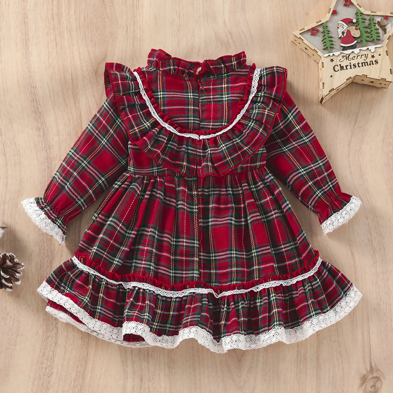 Toddler Girls Xmas Party Dress Kids Christmas Long Sleeve Lace Plaid Prints Princess Dress Ruffles Dress Formal Pageant Clothes