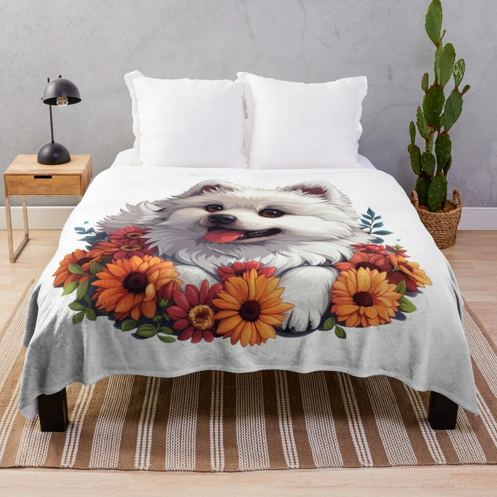 Floral Sweetness: White Spitz Wrapped in Flowers Throw Blanket Thins Picnic Cute Blankets