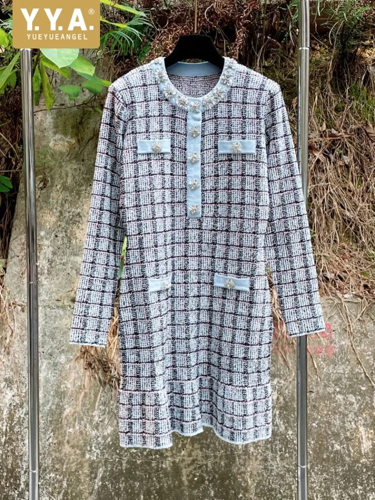 Vintage Women Knitted Plaid Dress Spring Autumn Long Sleeve O Neck Elastic Single Breasted Slim Fit Office Ladies A Line Dresses