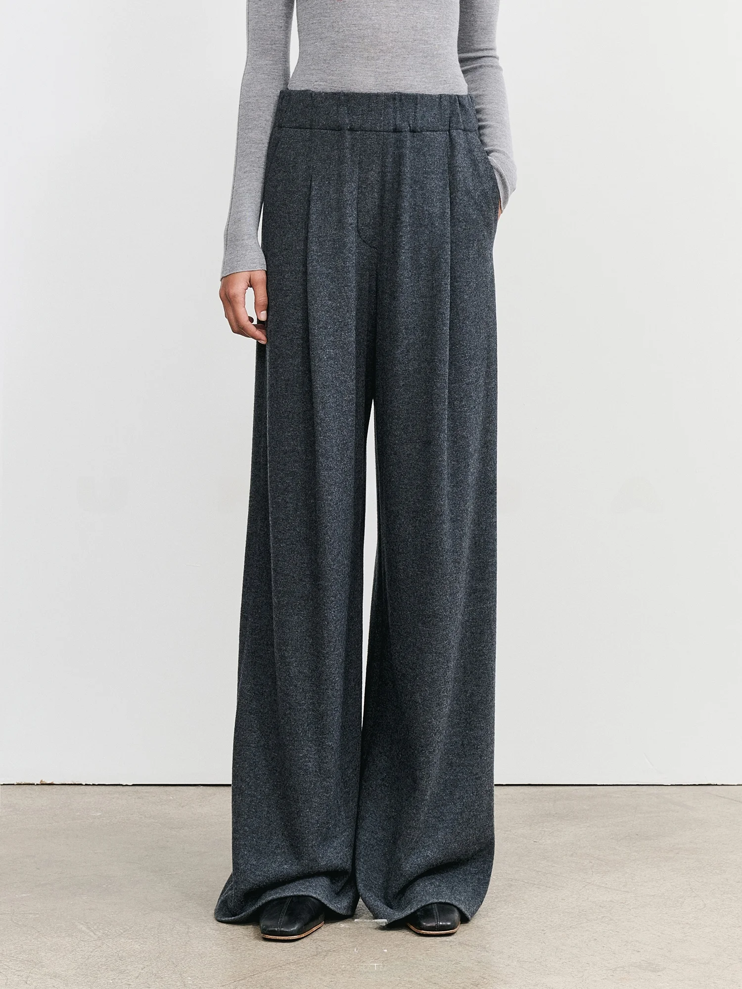 

Утягивающие широкие брюки с эластичной резинкой на талии, удобные повседневные брюки из смеси шерсти для женщин, повседневные брюки для поездок на работу, с деталями