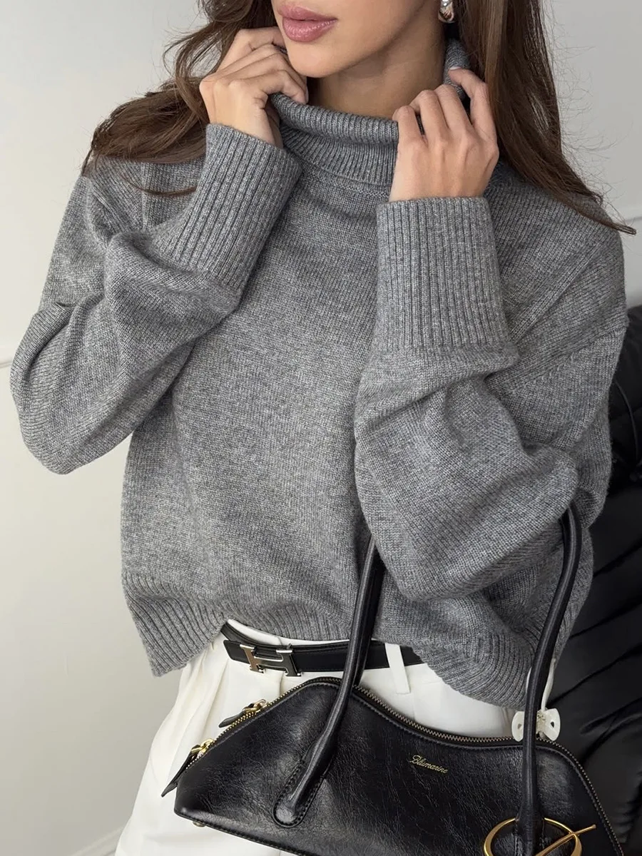 

2026 Мягкие свободные вязаные свитера, женские зимние свободные однотонные водолазки, женские пуловеры, теплый базовый трикотаж, джемпер Свитер, свитер