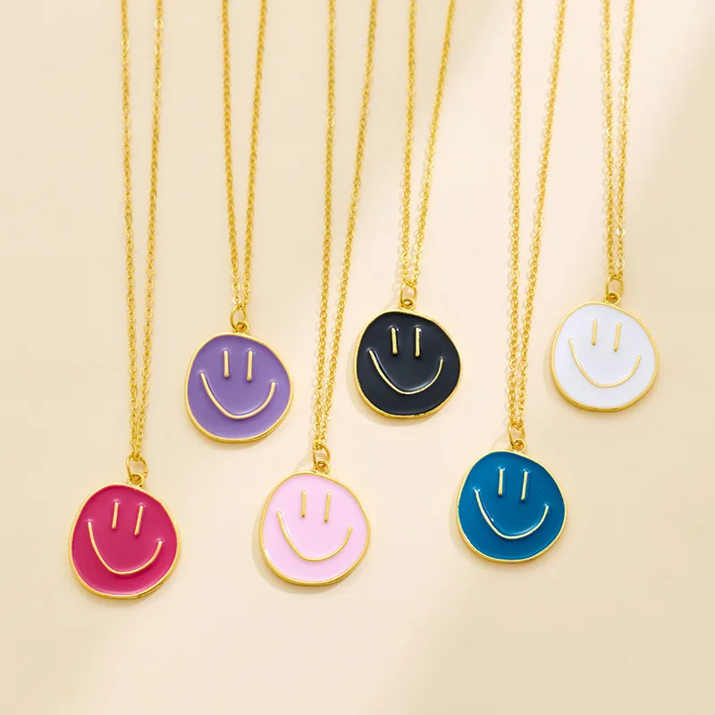 Enamel Colorful Smiling Face Pendant Necklace Cute Gold Plated Smiley Necklaces For Girls Women