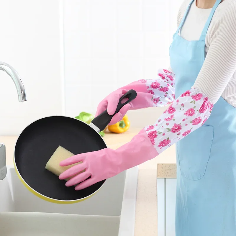 Latex Rubber Dish Washing Gloves Velvet Elastic Cuffs Housework Gloves Long Sleeve Waterproof Winter Cleaning Gloves Kitchen