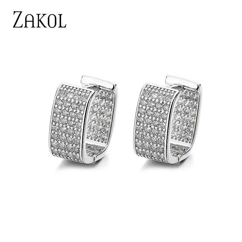 ZAKOL Fashion Contracted U Hoop Metal Earrings for Women Shiny CZ Daily Wear Exquisite Earrings Jewelry