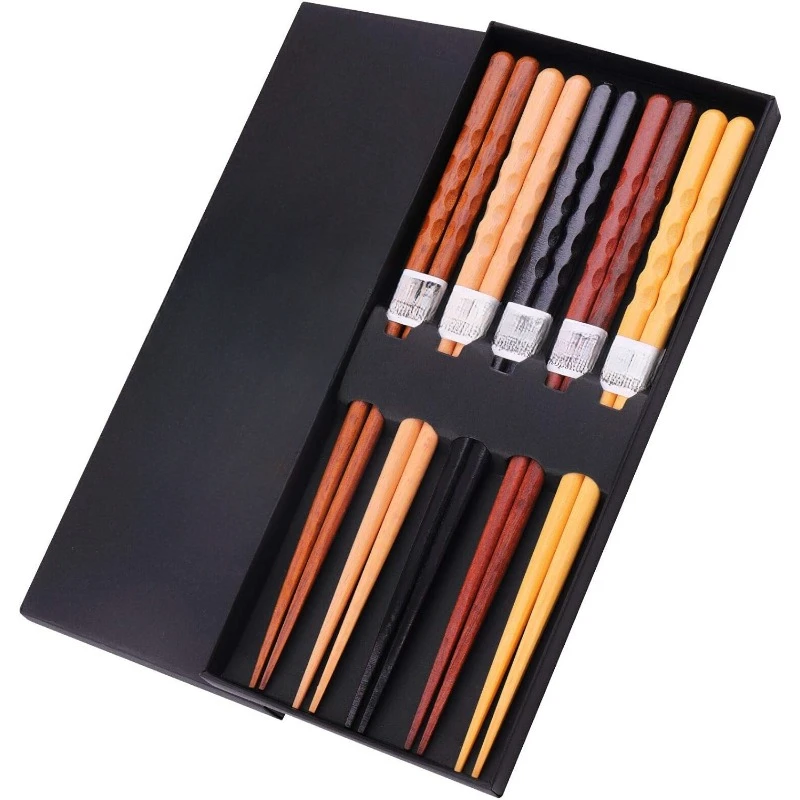 Natural Wooden 5 Pairs Classic Style Lightweight Hand-Carved Safe Chop Sticks 8.8 Inch/22.5cm Gift Set