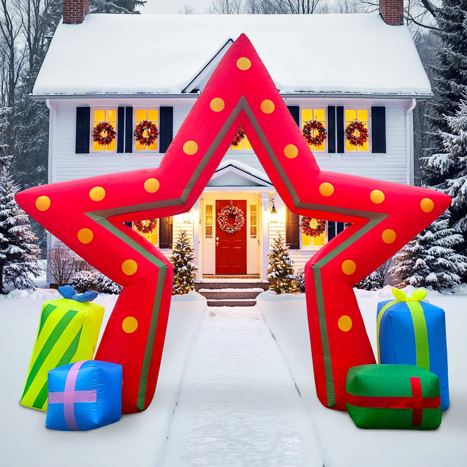 10FT Giant Christmas Inflatable Pentagram Archway Decoration, Built-in LED Lights, Durable Polyester, Reinforced Stitching