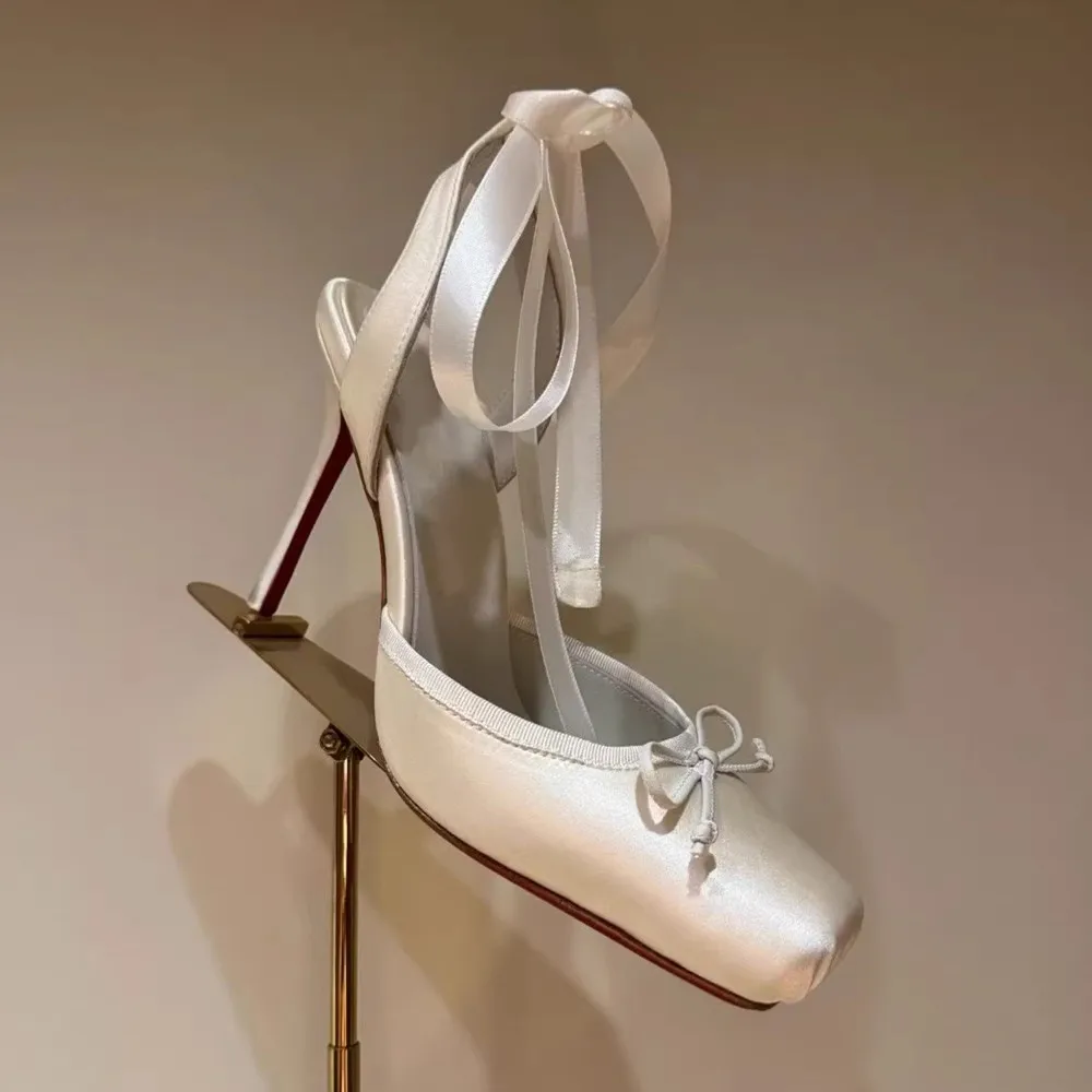 2026 Women Summer High Heeled Shoes for Woman\'s Square Toe Thin Heels Butterfly-Knot Pumps Sexy Ladies Ankle Strap Wedding Shoes