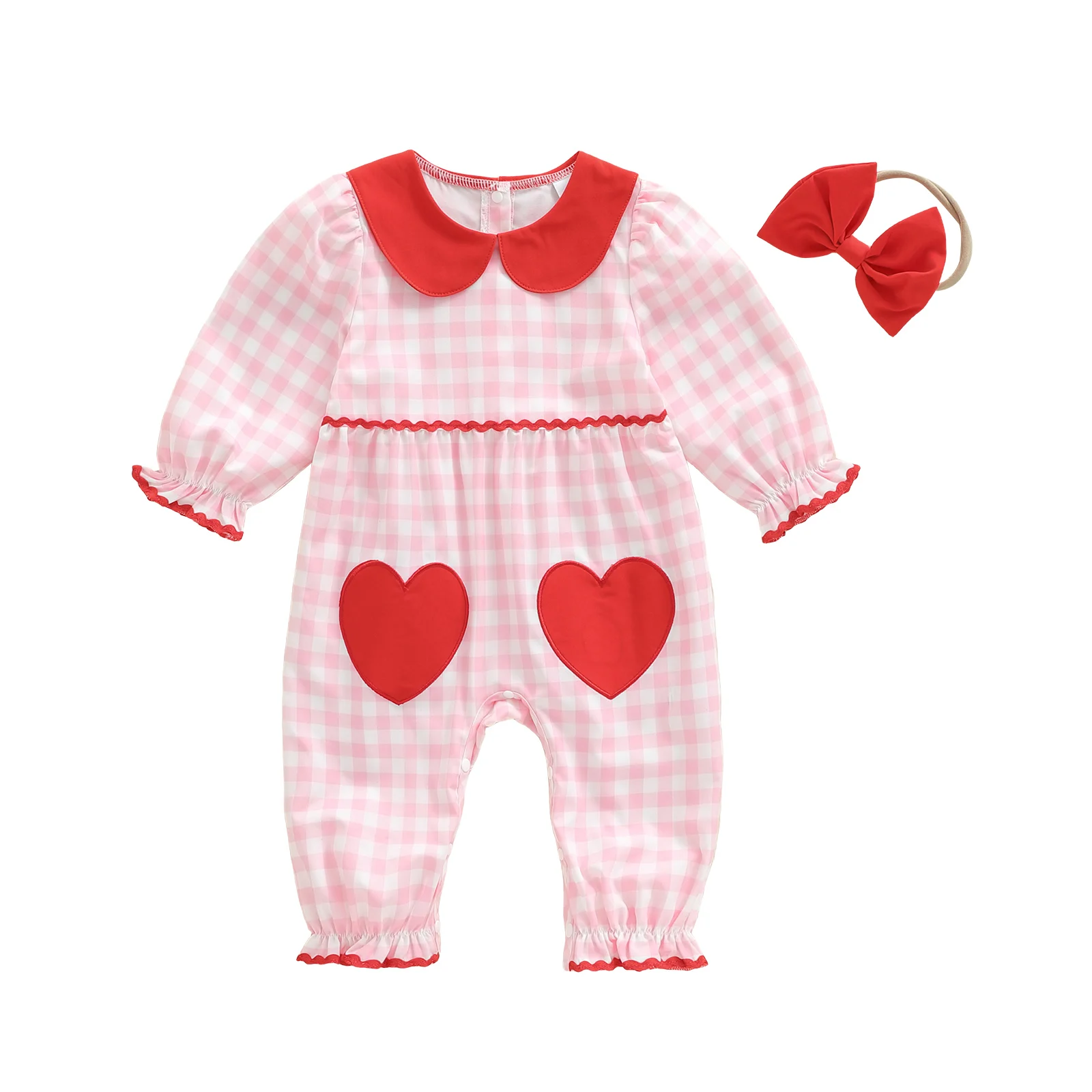 

Baby Girls 2 Piece Outfits Cute Long Sleeve Doll Collar Full Length Plaid Jumpsuit with Bow Headband