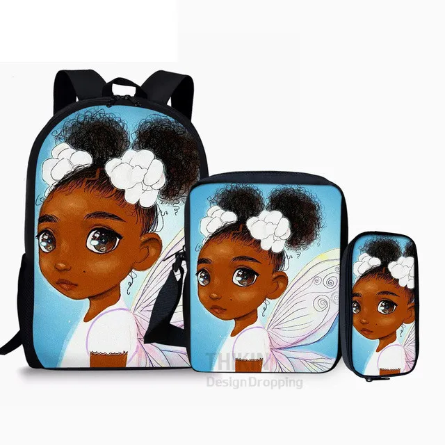 Sacs d'école College 3D Black Girl Magic Afro Lady, sac à dos pour ordinateur portable, sac à bandoulière incliné, étui à crayons, classique, 3 pièces, ensemble