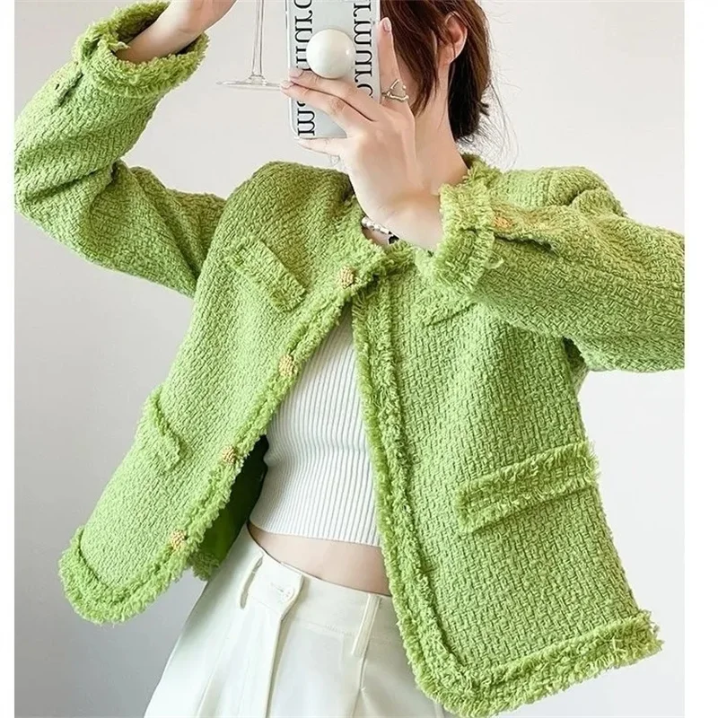 2024New Autumn Winter Tweed Jackets Women Elegant Green Blazers Korean Fashion O-Neck Small Fragrance Coat Outerwear Female Tops