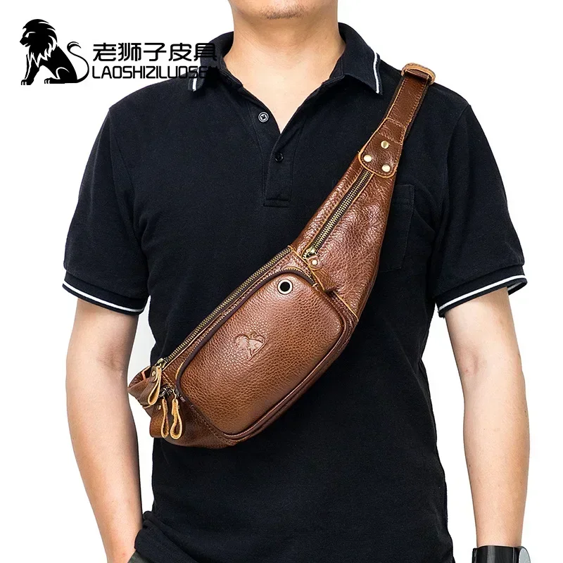 حقيبة خصر من الجلد الطبيعي للذكور ، حزمة فاني صغيرة ، حقيبة حزام ، حقيبة هاتف ، حقائب سفر ، علامة تجارية ،