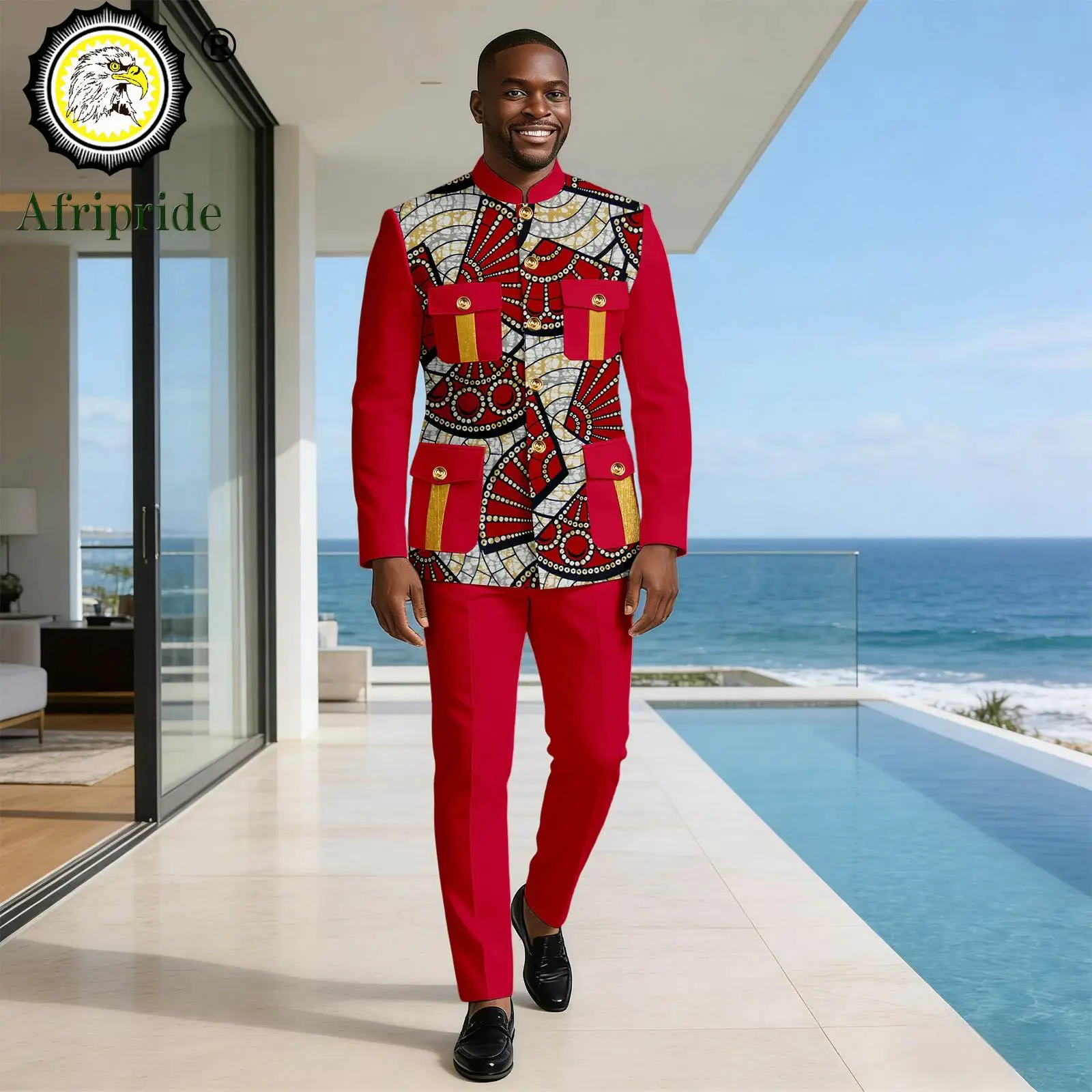 Men`s Formal Wear Single Breasted Pockets Embroidery Print Blazer and Pants 2 Piece Set African Clothes for Wedding 2616026