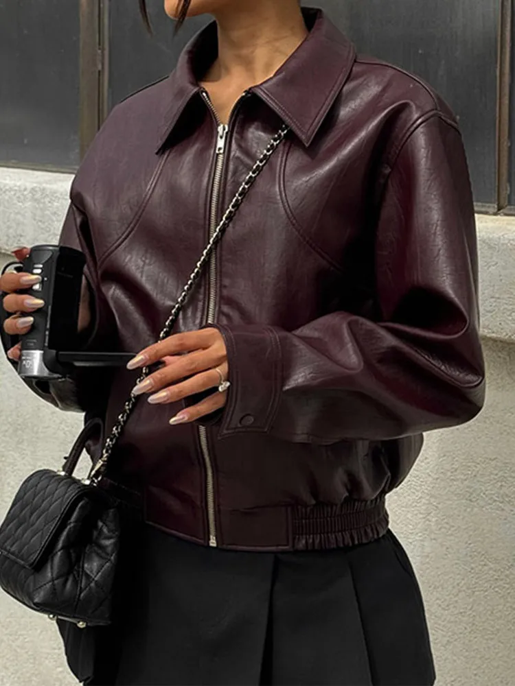 

Women's Vintage Wine Red Loose Short Leather Jacket Fashion Lapel Long Sleeve Zipper Cropped Street Outwear