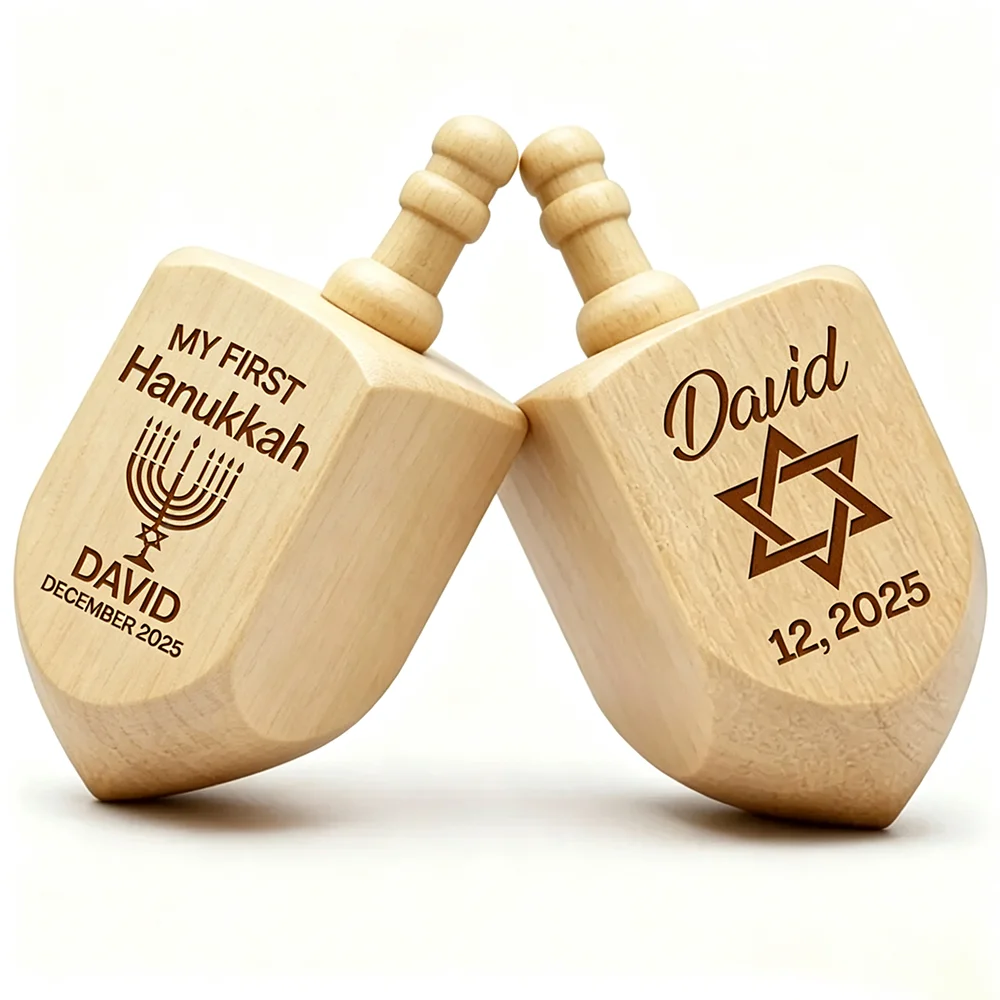 Personalized Wooden Engraving Dreidel with Star of David or Menorah Design My First Hanukkah Keepsake for Kids Jewish Holidays