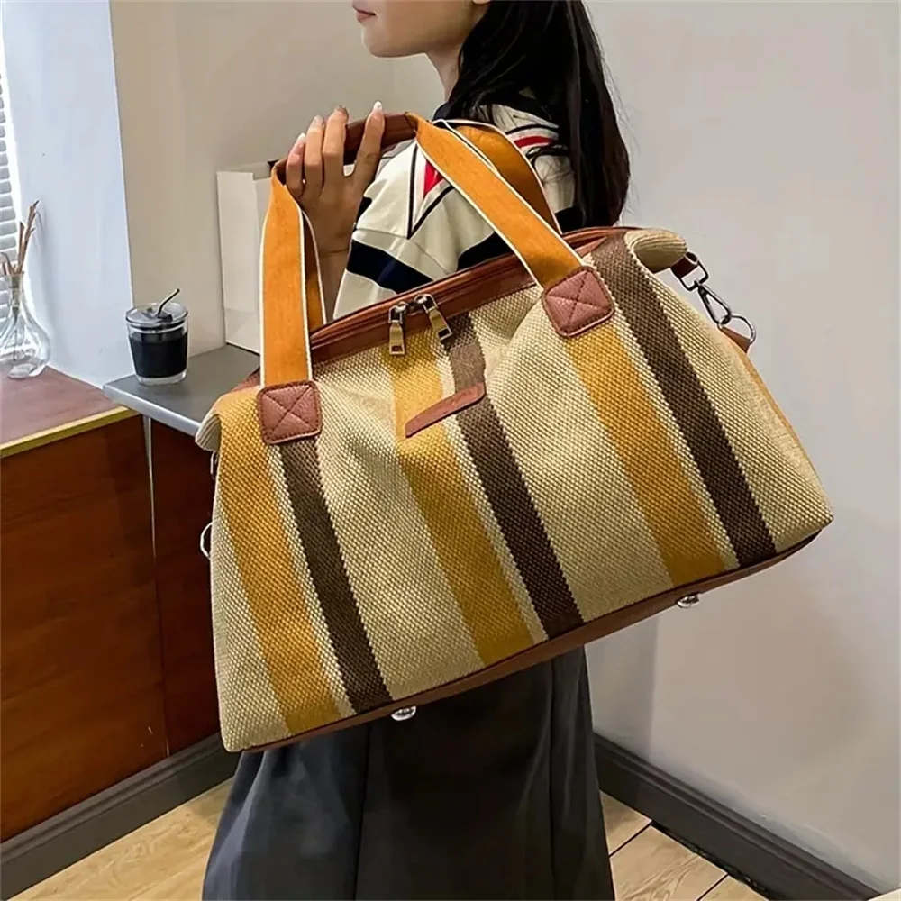 Striped Duffle Bag For Women Waterproof Reusable Travel Bag Large Capacity Tote Shoulder Bag Adjustable Strap