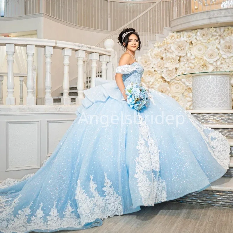 فساتين Angelsbridep مخصصة للحفلات الراقصة باللون الأزرق السماوي فساتين Quinceanera حلوة 16 تول لامع مزينة للحفلات الراقصة رداء De Soirée