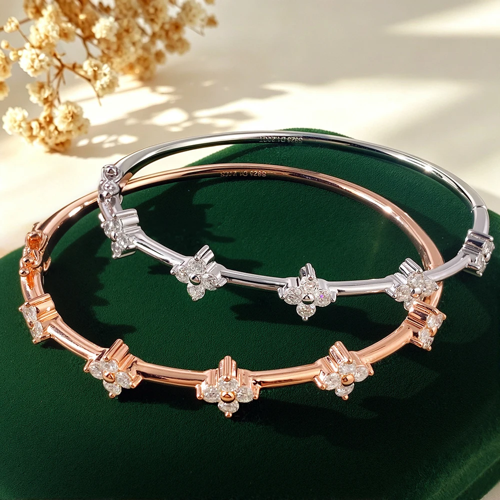 Serenity 2.5mm Flower Shape All Moissanite Bangle for Women Gift D Color Luxury Bracelet S925 Sterling Silver Hand Chain Jewelry