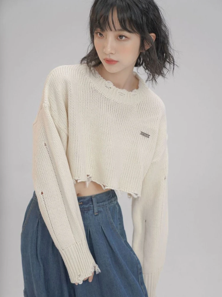 Tassel Cropped Pullovers Women High Street Y2k Clothes Knitted Autumn Clothing Harajuku Casual Sweaters Pull Femme All-match New