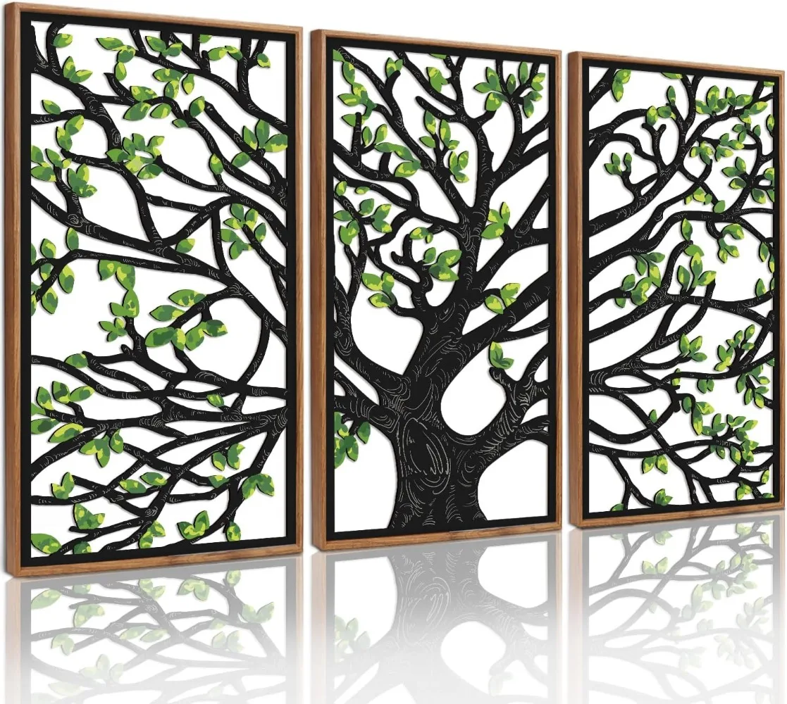 

CHDITB Wooden Tree of Life Framed Wall Art(Set of 3, 16"x32"), 3 Panel Rustic Birch Green Leaves Hollow Laser Cut Artwork Decor
