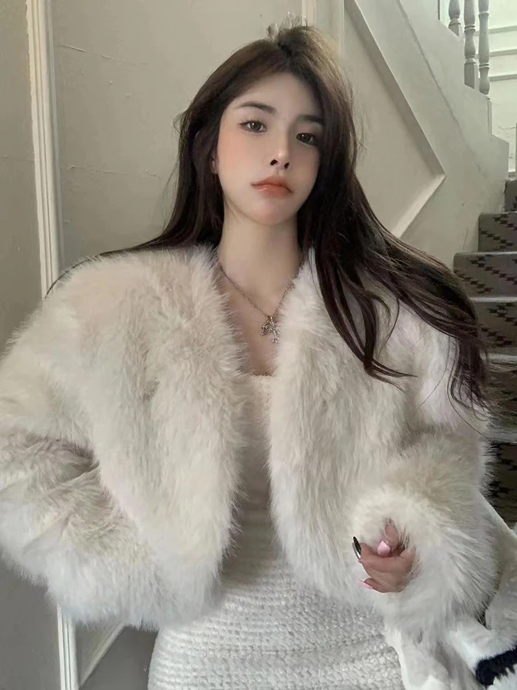 

Autumn Faux Fur Crop Coat for Women Y2K Fashion Streetwear O Neck Fluffy Short Jacket Korean Elegant Cardigan Faux Fox Fur Parka