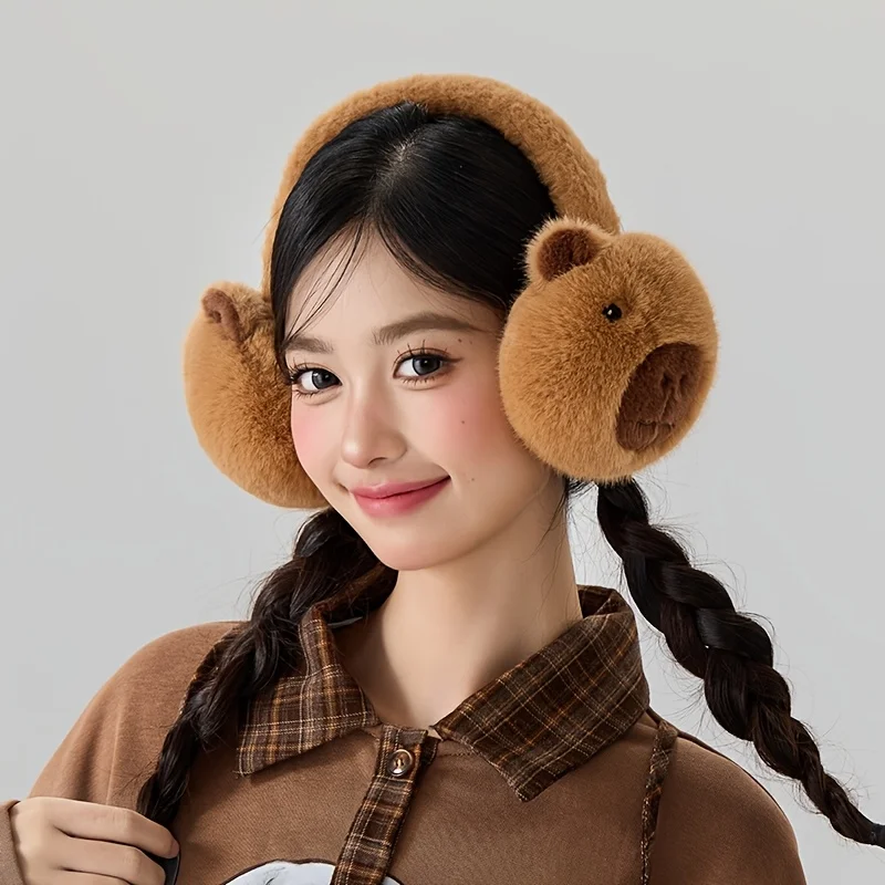 

Cute Capybara Earmuffs, Plush Foldable Ear Warmers for Winter, Warm Fuzzy Ear Covers with Cartoon Animal Design for Women Girls
