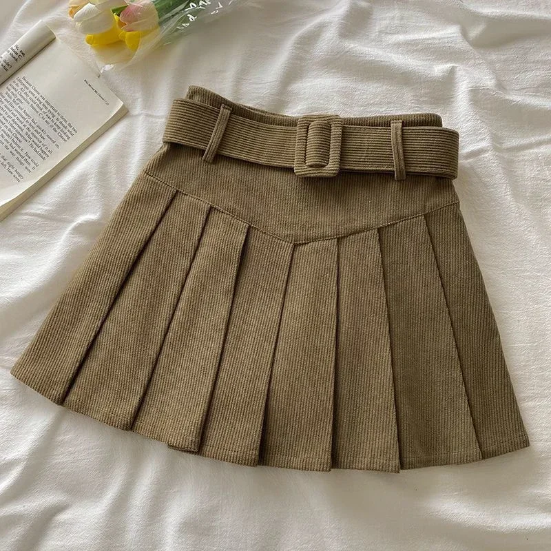 Cord Belted Pleated Skirt Sweet Corduroy Black Mini Skirt with Belt Women Korean Teen-girl Academy School Autumn Winter Outfit