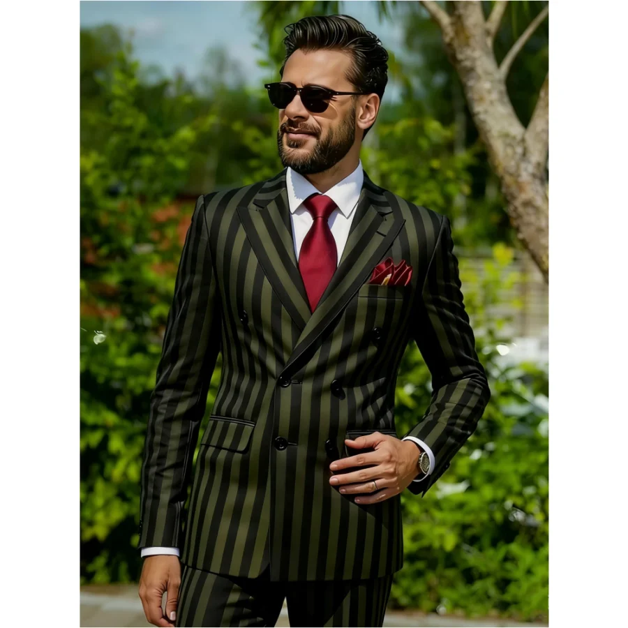 

New Arrival Wide Stripe Men Suits 2 Pcs Jacket Pant Custom Male Clothing Peaked Lapel Business Formal Groom Wedding Prom Terno
