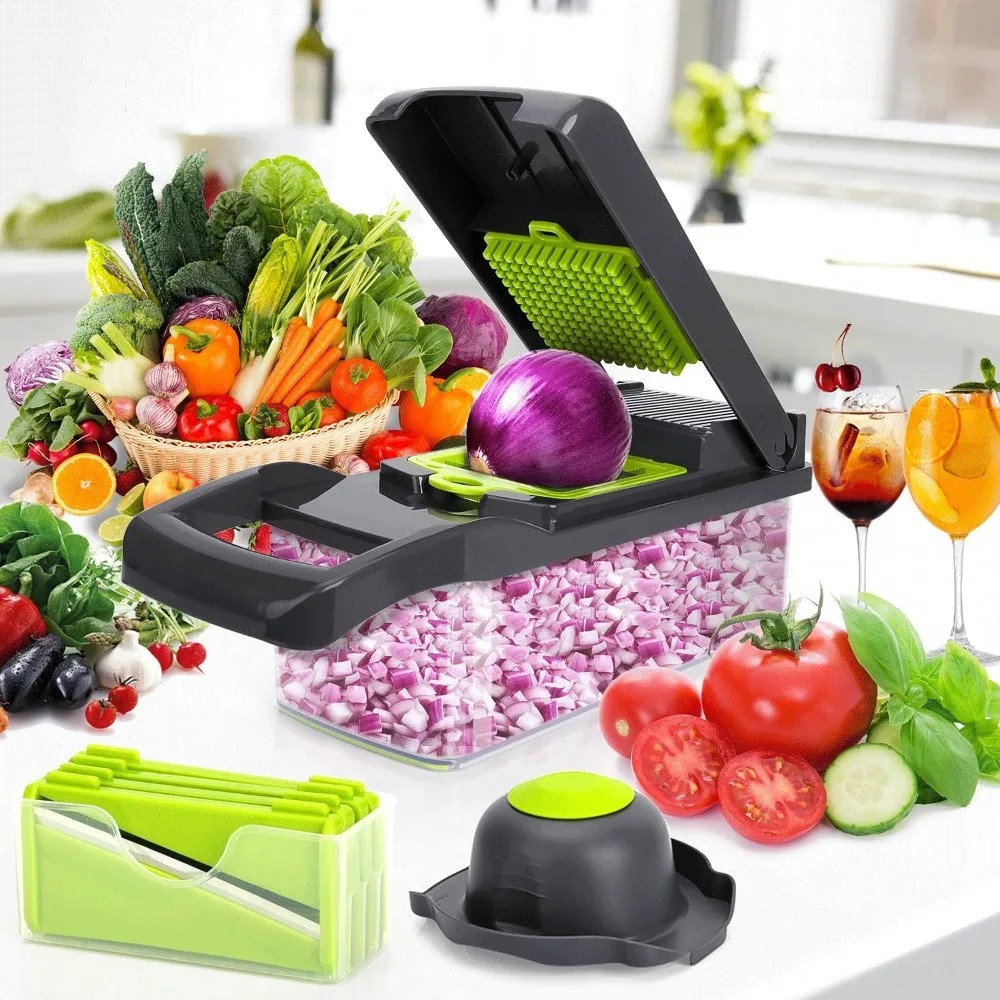 Kit de hachoir manuel complet 15-en-1, lames multi-remplaçables pour hacher, trancher, couper en dés, râper les pommes de terre et les légumes, coupe-légumes facile à nettoyer et compatible lave-vaisselle pour la préparation quotidienne des repas en cuisine.