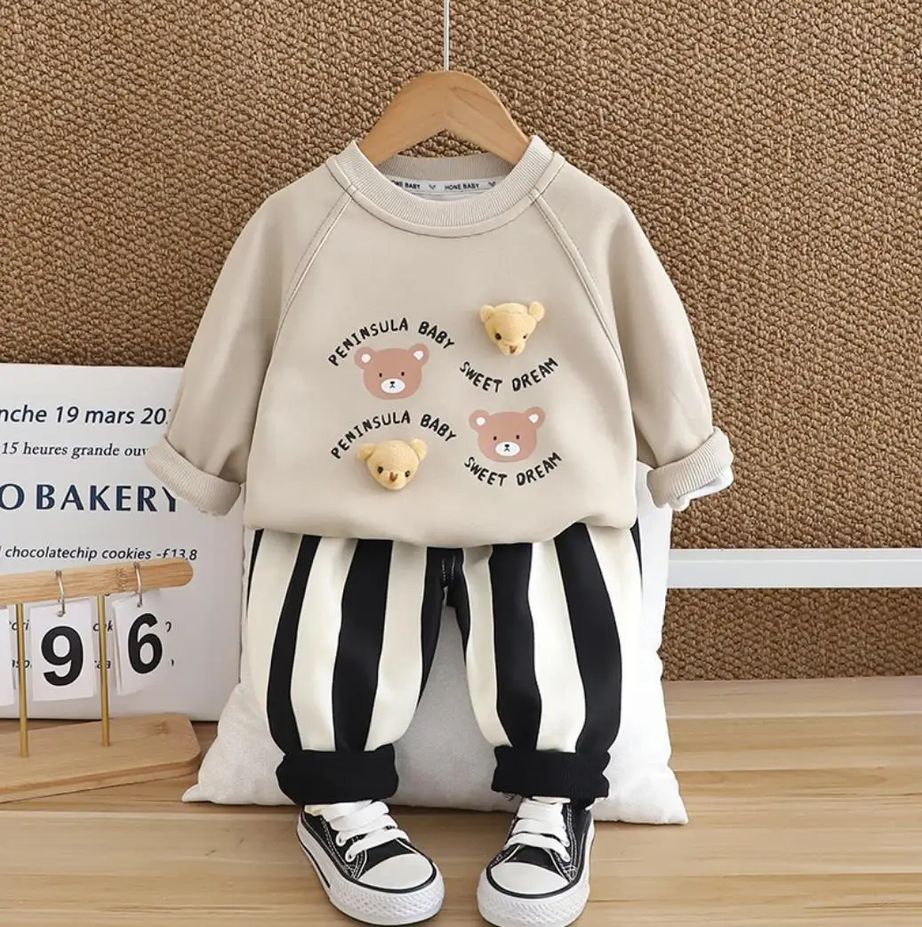 

Baby Boy Fall Clothes Toddler Boutique Outfits Cartoon Letter Bear Pullover Hoddies+Striped Pants Two Piece Sets Infant Clothing