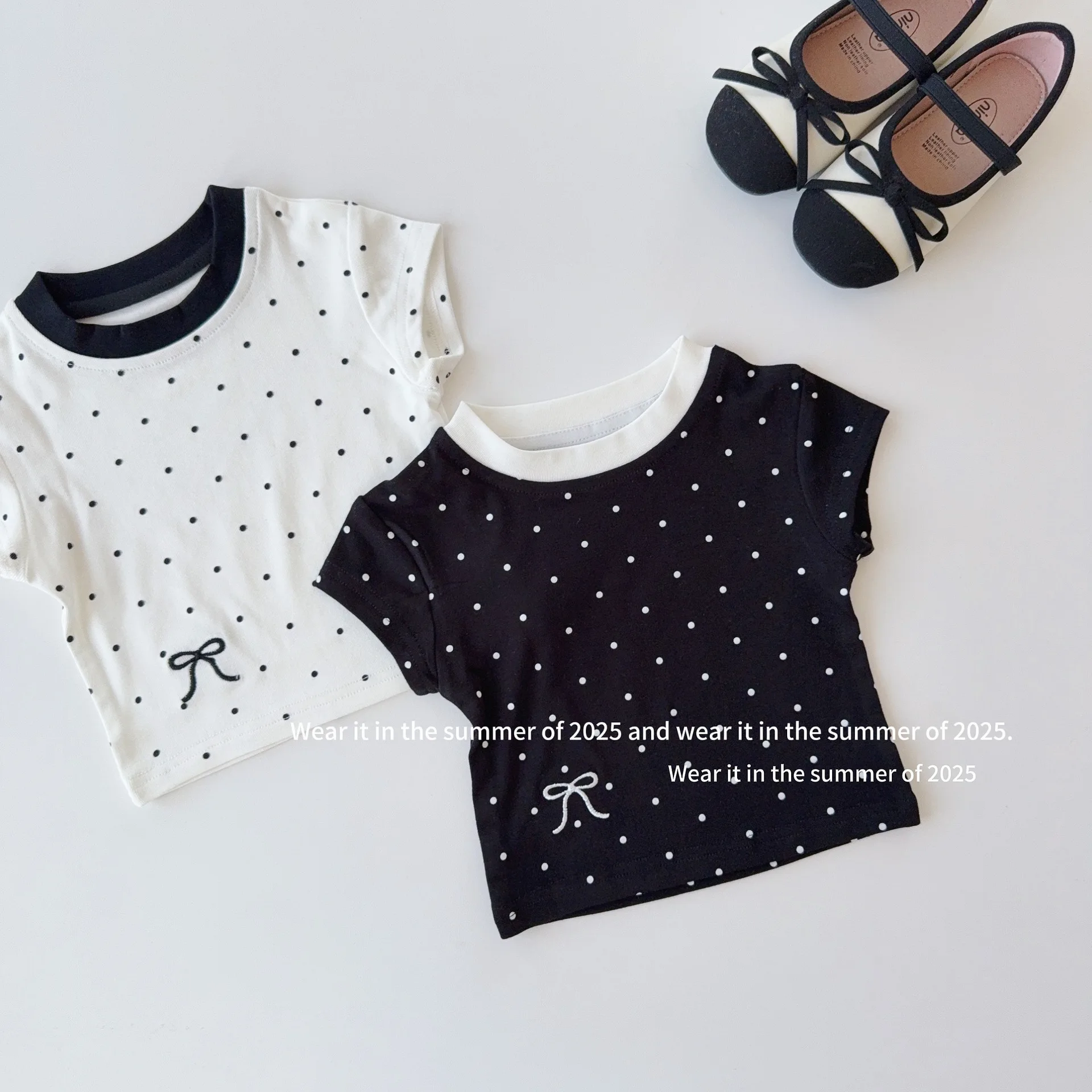 

2025 Summer New Girls Bow Embroidery Polka Dot T Shirts Cotton Children Short Sleeve Tee Kids Clothes Baby Girl Versatile Tops
