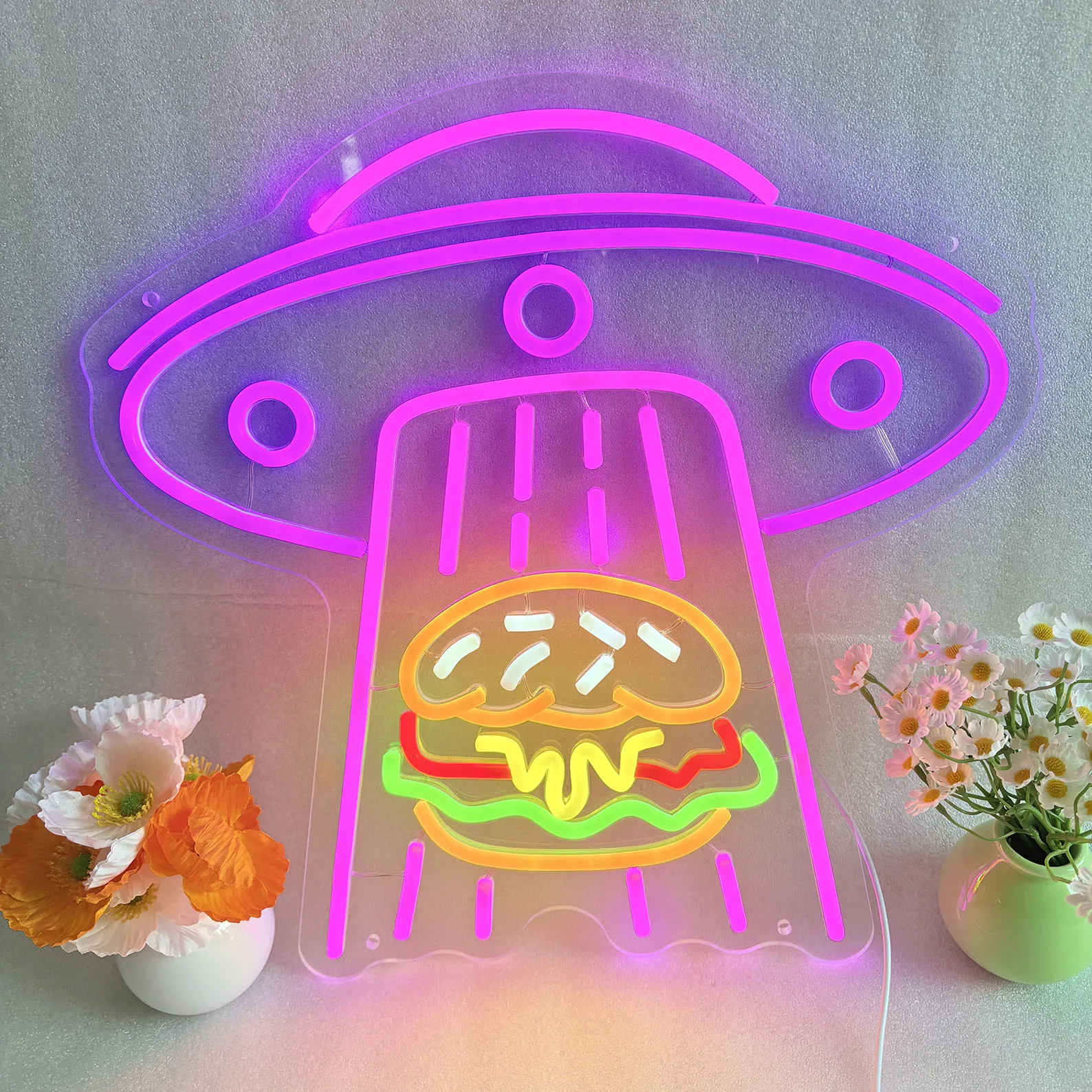 Burger UFO Neon Sign, UFO Burger Wall Light, Burger Led Neon Sign, Fast Food Neon Sign, Business Neon Sign