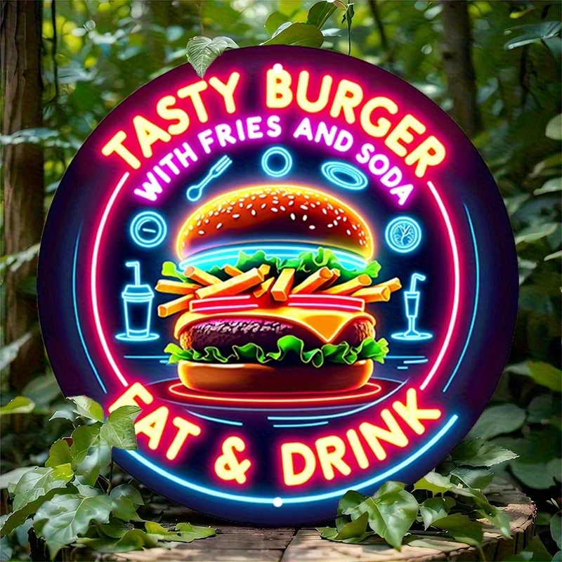 [2D Flat] 1pc Retro Neon Glow-in-the-Dark Style Round Metal Tin Sign - Vintage Diner Burger with Fries & Soda Wall Art, Vibrant