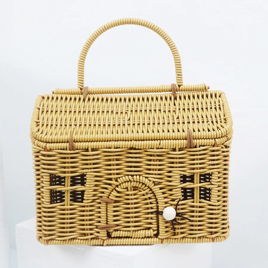 Imagem -04 - Wicker Woven House Rattan Bolsa para Mulheres Handmade Handbags Bohemian Straw Basket Bags Funny Hollow Beach Bolsa Storage Box Bags Novo