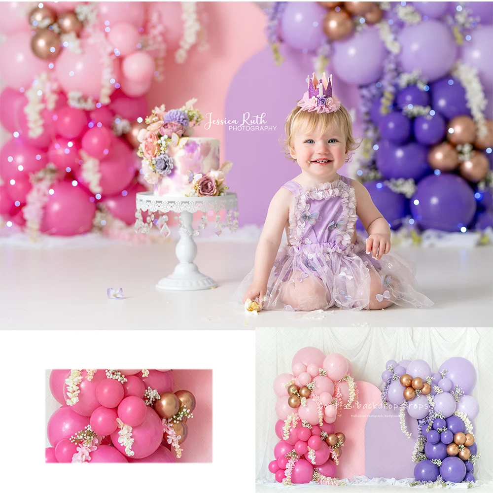 

Pink Purple Balloons Arch Backdrops Kids Baby Birthday Cake Smash Photocall Decors Child Photo Backgrounds