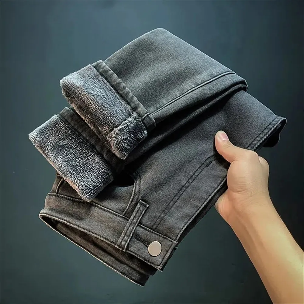 Women Thermal Jeans Winter Snow Warm Plush Stretch Jeans Lady Skinny Thicken Fleece Students Pants Female Retro Blue Trousers