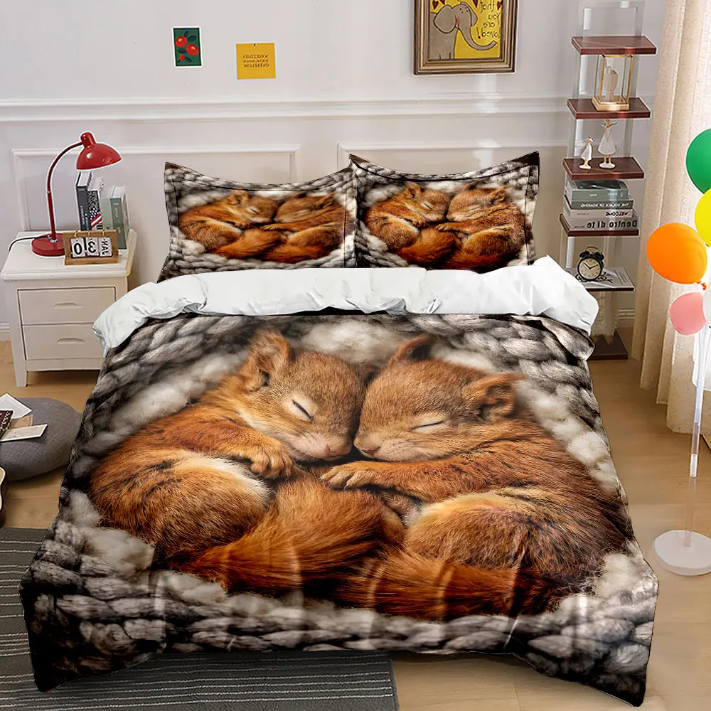 Two sleeping red squirrels Printed Duvet Cover Set1 Duvet Cover+2 PillowcaseMulti Size Bedroom Bedding Decor Luxury Gift