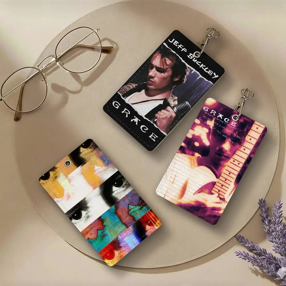 Jeff Buckley Singer PU Leather Card Holders Anti-lost Student ID Protective Cover Cases Campus Access Cards Key Chain