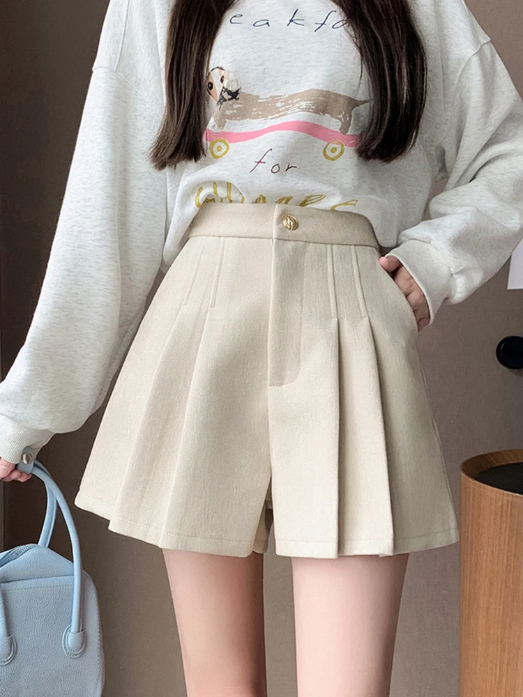 

Модные плиссированные шерстяные зимние шорты, женские уличные шорты с высокой талией, шорты, женские брюки-кюлоты трапециевидной формы, широкие короткие Femme